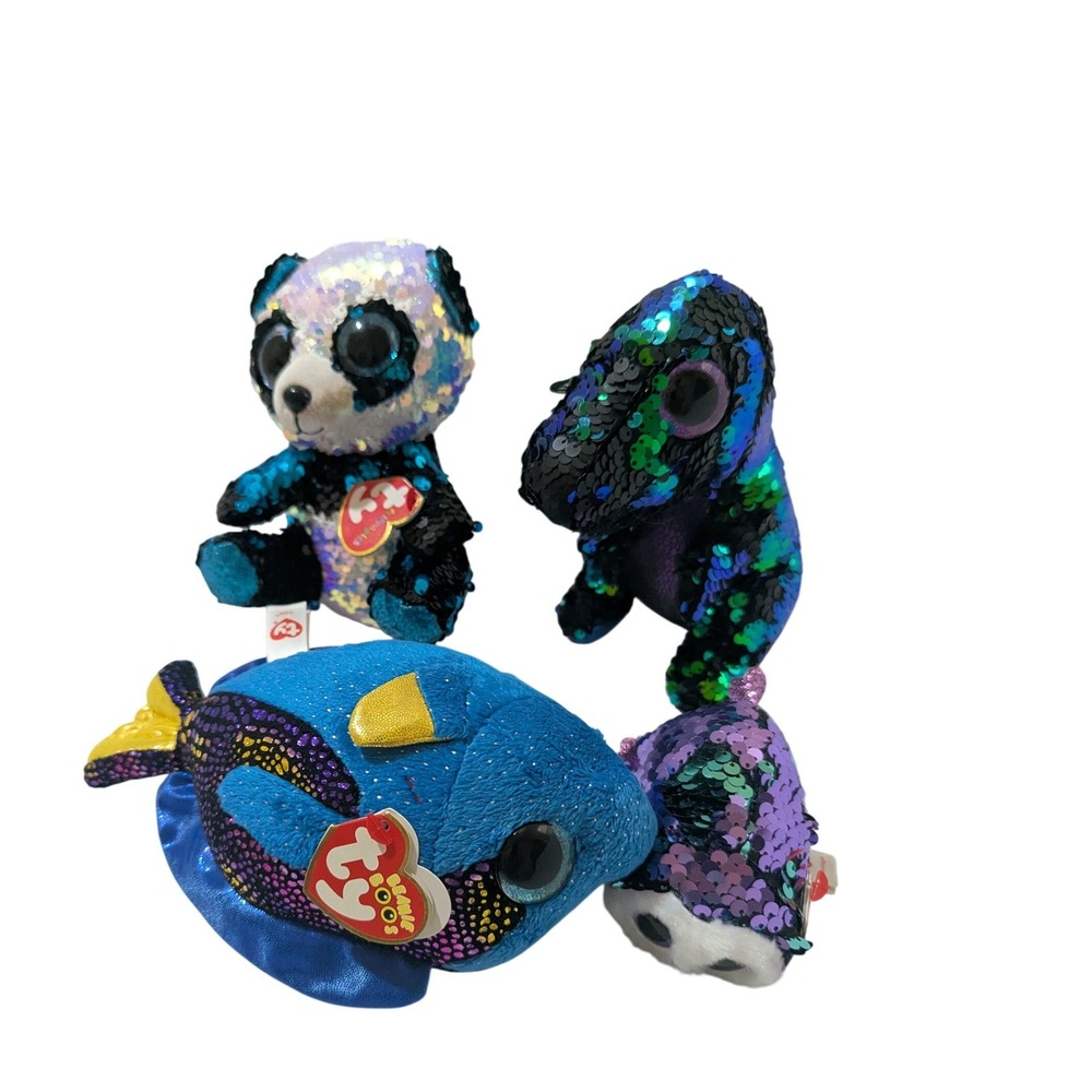 Ty Flippables Beanie Boos Sequin Plush Lot Bamboo Crunch Aqua Moonlight